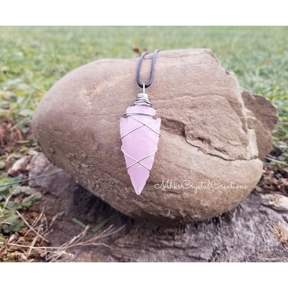 SOLD! Handwrapped Rose quartz arrowhead necklace.